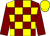 Maroon and yellow check, maroon sleeves, yellow cap ()
