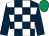 Dark blue and white check, dark blue sleeves, emerald green cap (Mr Michael H Watt)