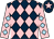 Dark blue and pink diamonds, pink sleeves, light blue diamonds, dark blue cap, pink star (Mrs Yvonne Fleet)
