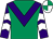 Emerald green, purple chevron, purple and white chevrons on sleeves, white and emerald green quartered cap (Mrs Tor Hodsoll)