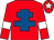 Red, royal blue cross of lorraine, red sleeves, white armlets and star on red cap (All The Kings Horses)