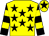 Yellow, black stars, black and yellow hooped sleeves, yellow cap, black star (Sunpak Potatoes)