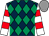 Dark blue and emerald green diamonds, white and red hooped sleeves, grey cap (Robert Greenwood Racing & Mrs A Frost)