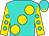 Turquoise, large gold spots, gold sleeves, turquoise dots, turquoise cap, gold visor (Zayat Stables/mrs Magnier/m Tabor/dsmith)