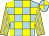 Light blue and yellow check, yellow and white striped sleeves, light blue and yellow quartered cap (John C Oxley)