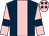 Dark blue, pink stripe, pink sleeves, dark blue armlets and stars on pink cap (Mrs Angela Taylor And M Dods)