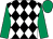 Black and white diamonds, emerald green sleeves and cap (Mrs Jo Tracey & Friends)