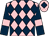 Pink and dark blue diamonds, dark blue sleeves, pink armlets, pink cap, dark blue diamond (Dewhurst Peavoy Emdells Daresbury Adam)