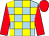 Light blue and yellow check, red sleeves and cap (Mr J S Morrison & Partner)